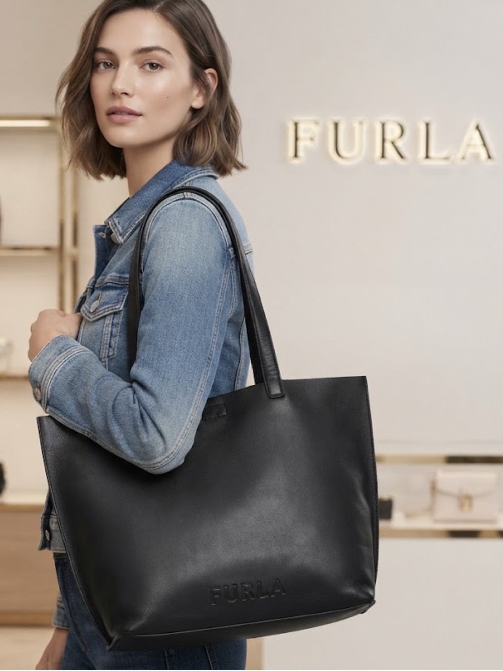 Authentic FURLA black leather designer signature tote bag purse